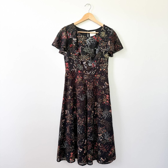 Modcloth Beaded Embellished Sequin Black Floral Midi Dress Size Medium A Line - Picture 4 of 10